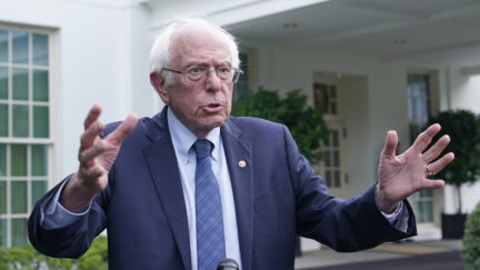 Sen. Bernie Sanders, I-Vt., talks with reporters following his meeting with President Joe Biden at the White House in Washington, Wednesday, Aug. 30, 2023.