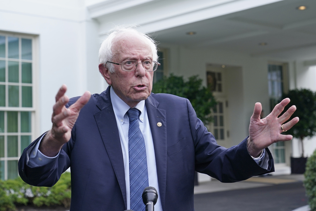 Sen. Bernie Sanders, I-Vt., talks with reporters following his meeting with President Joe Biden at the White House in Washington, Wednesday, Aug. 30, 2023.