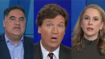 Cenk Uygur Tucker Carlson Ana Kasparian split image