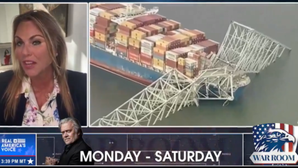 Lara Logan next to an image of the collapsed Francis Scott Key bridge